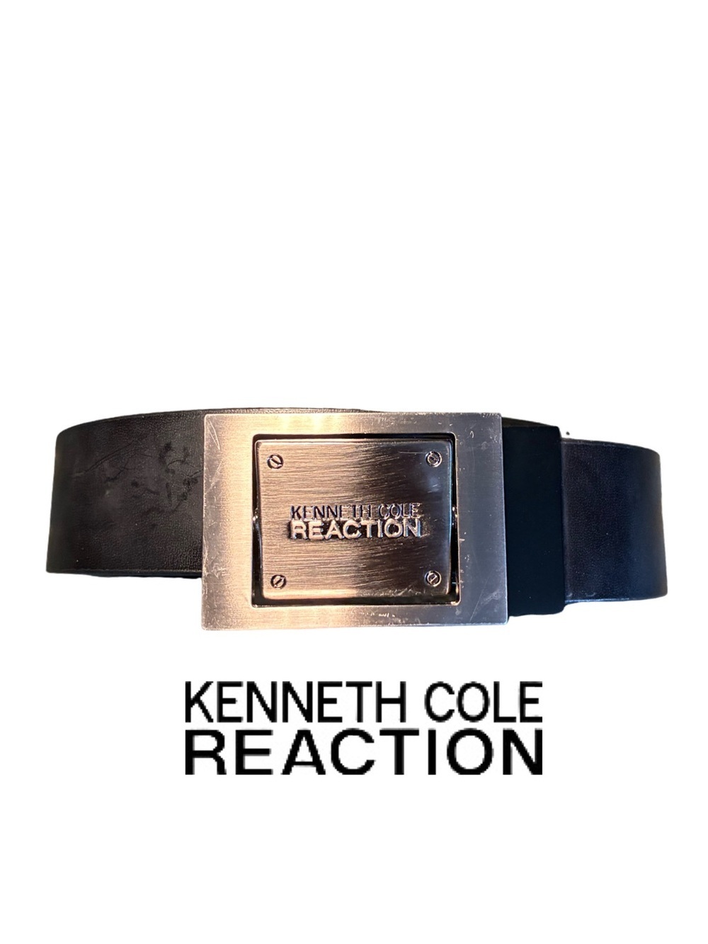 Kenneth Cole Reaction Black Leather Belt with Reversible Silver Plate Buckle